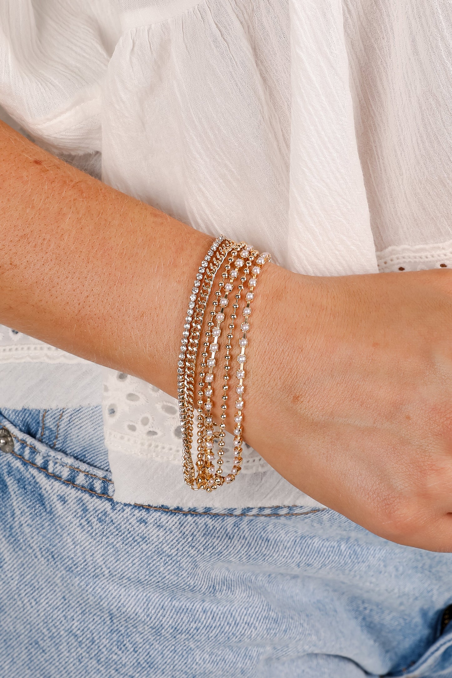 Laura Gold Rhinestone + Pearl Layered Chain Bracelet