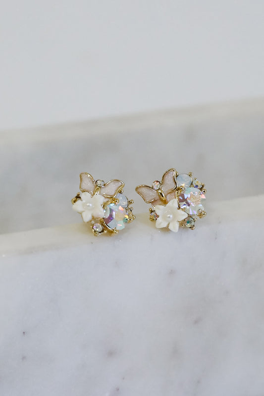 FINAL SALE - Lilly Gold Floral + Butterfly Stud Earrings