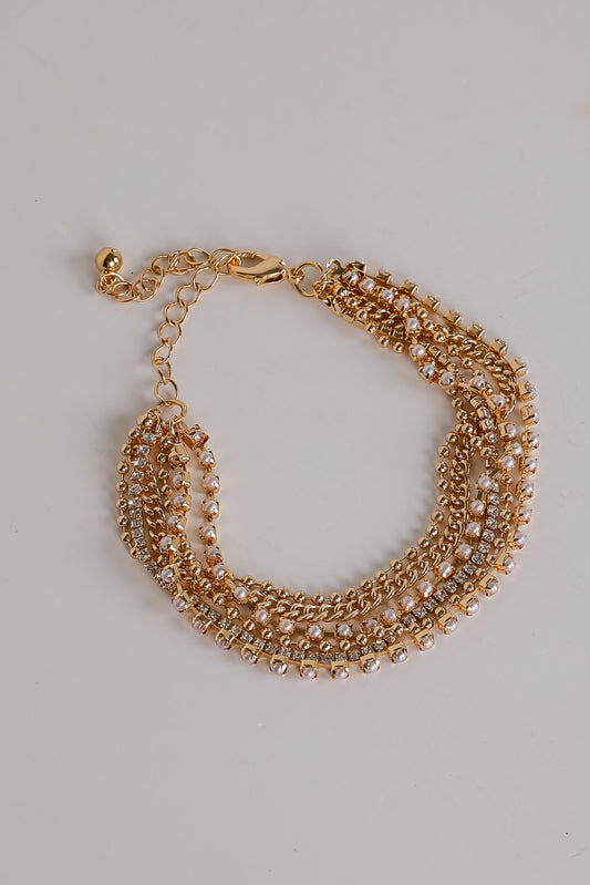 Laura Gold Rhinestone + Pearl Layered Chain Bracelet