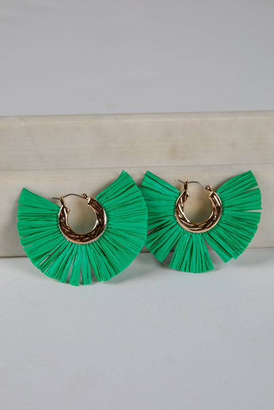 Lydia Green Straw Fringe Hoop Earrings