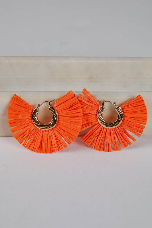 Lydia Orange Straw Fringe Hoop Earrings