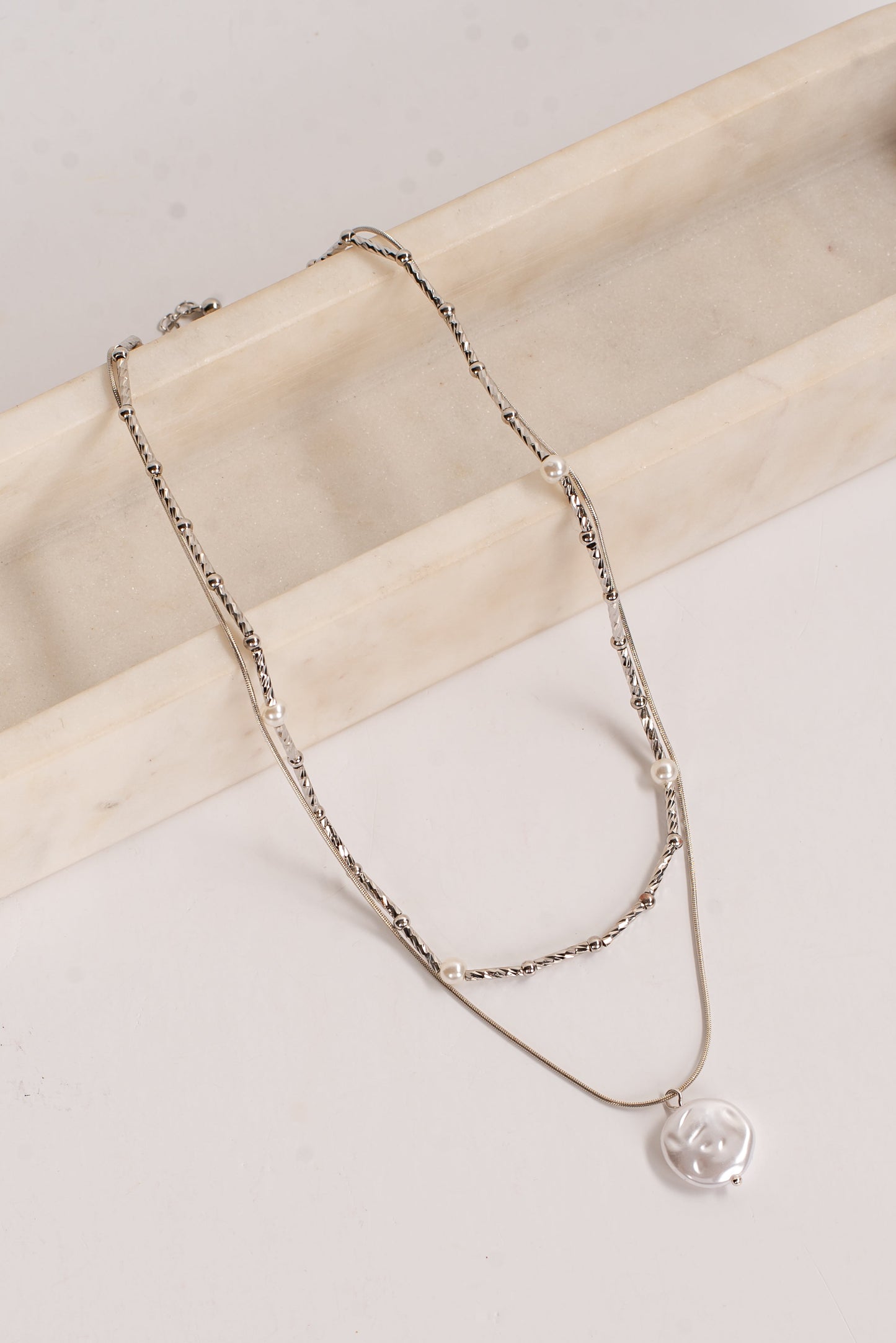 Sofia Silver Pearl Charm Layered Necklace