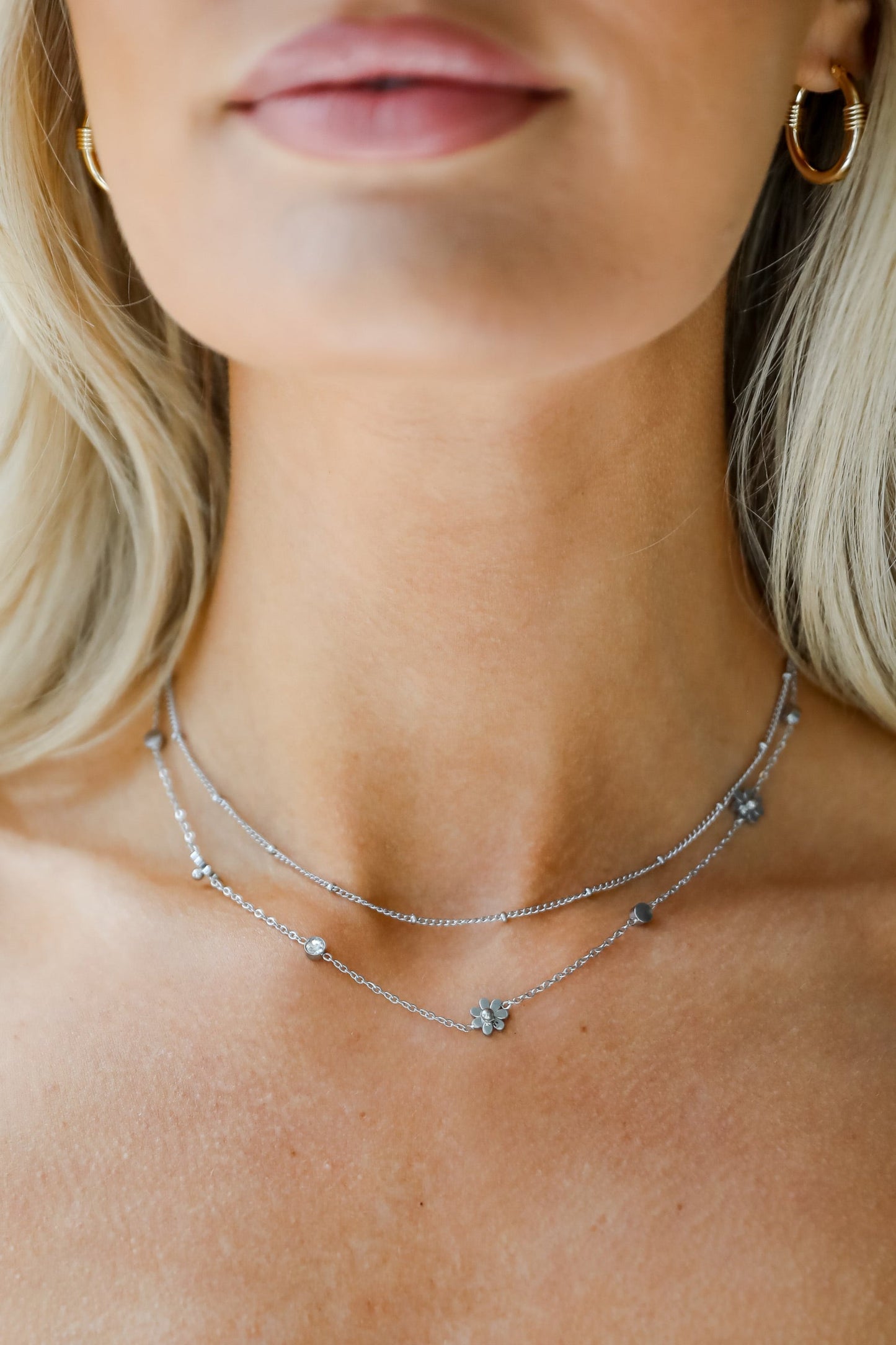 Lindsay Silver Flower Charm Layered Necklace