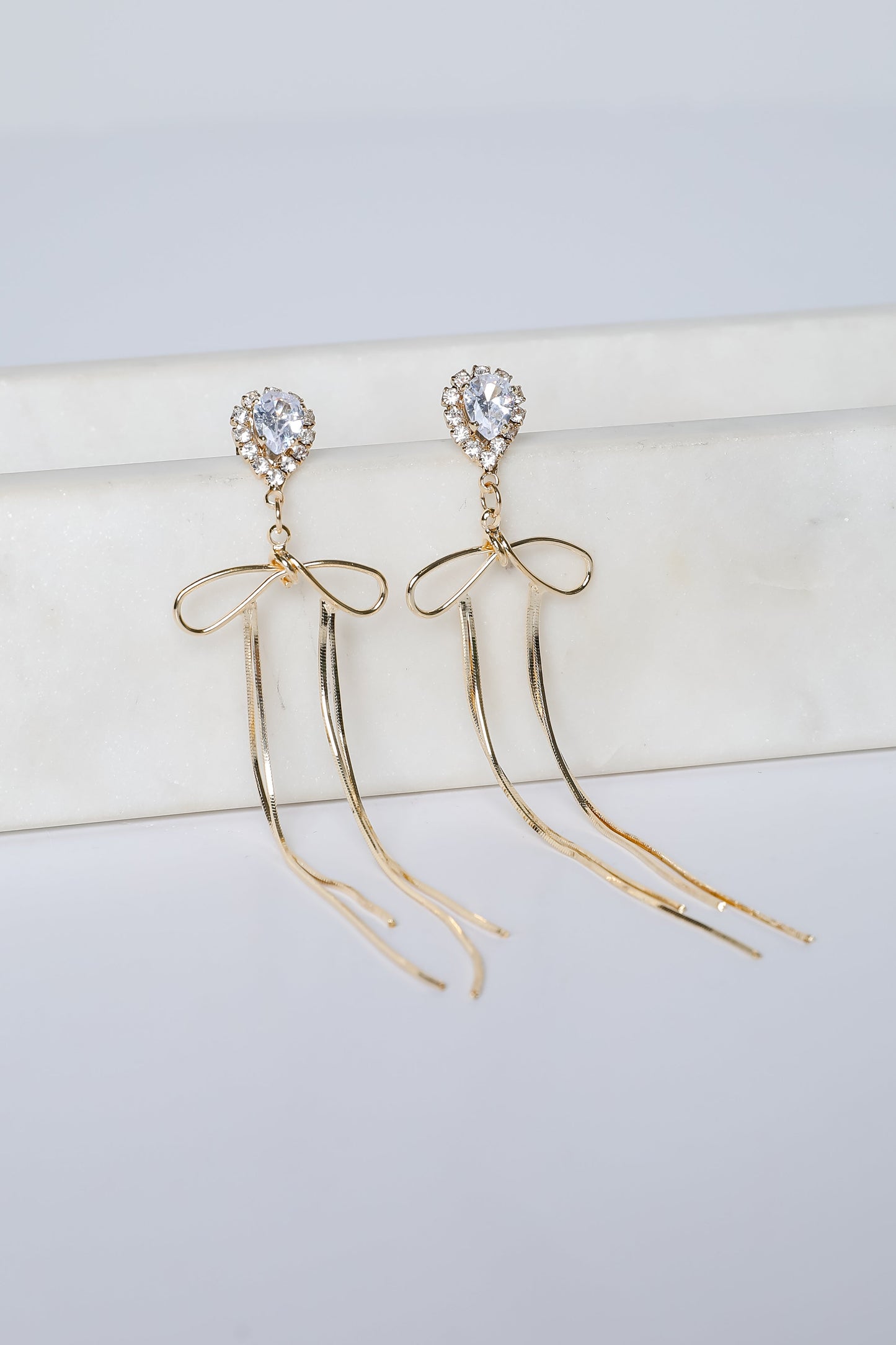 Lily Gold Rhinestone Bow Chain Drop Earrings