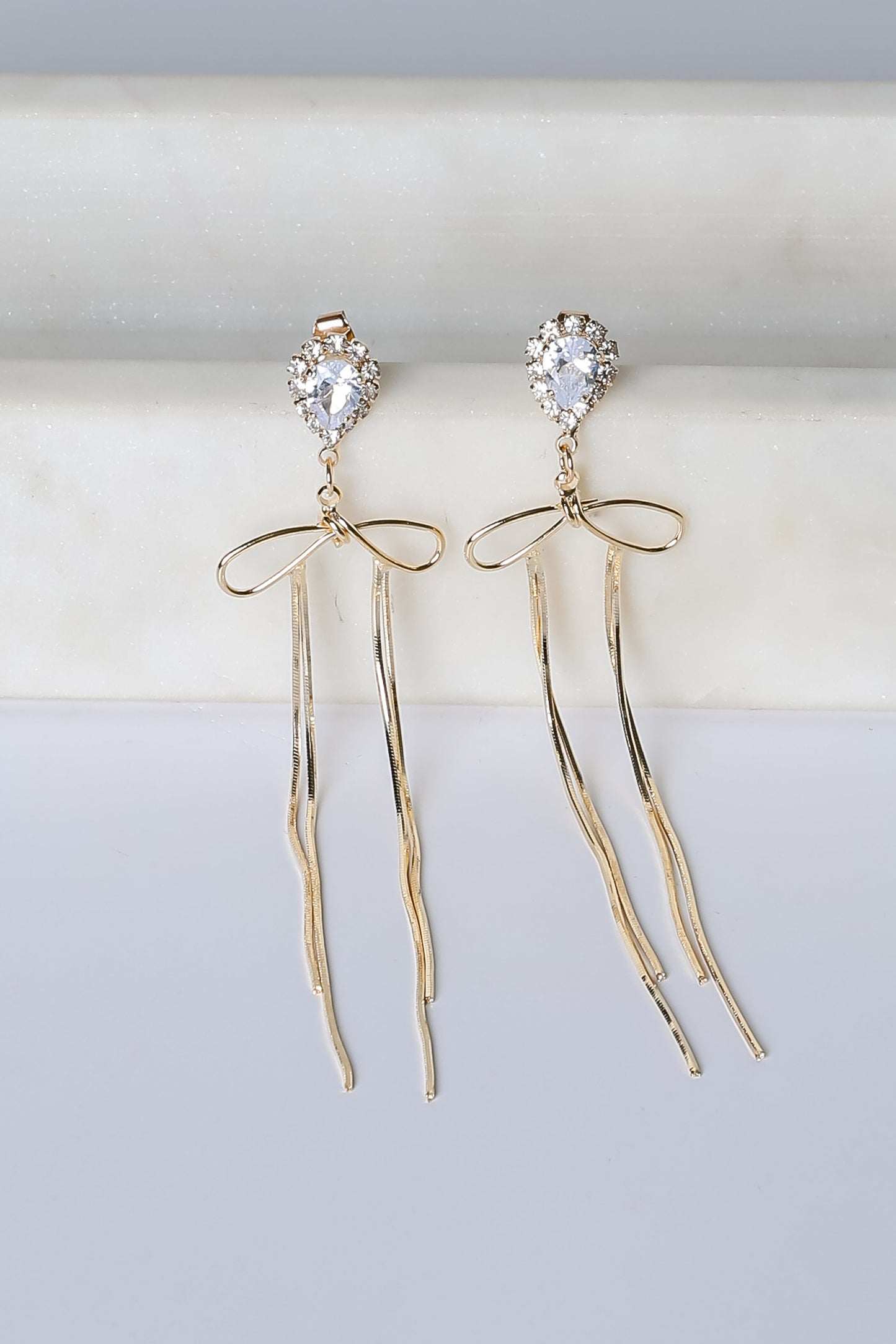 Lily Gold Rhinestone Bow Chain Drop Earrings