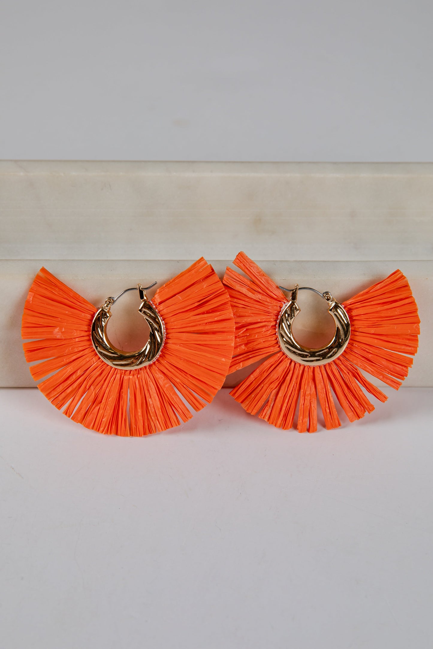 Lydia Orange Straw Fringe Hoop Earrings