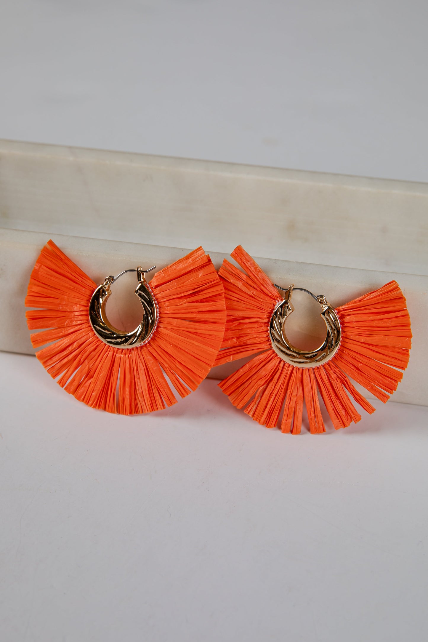 Lydia Orange Straw Fringe Hoop Earrings