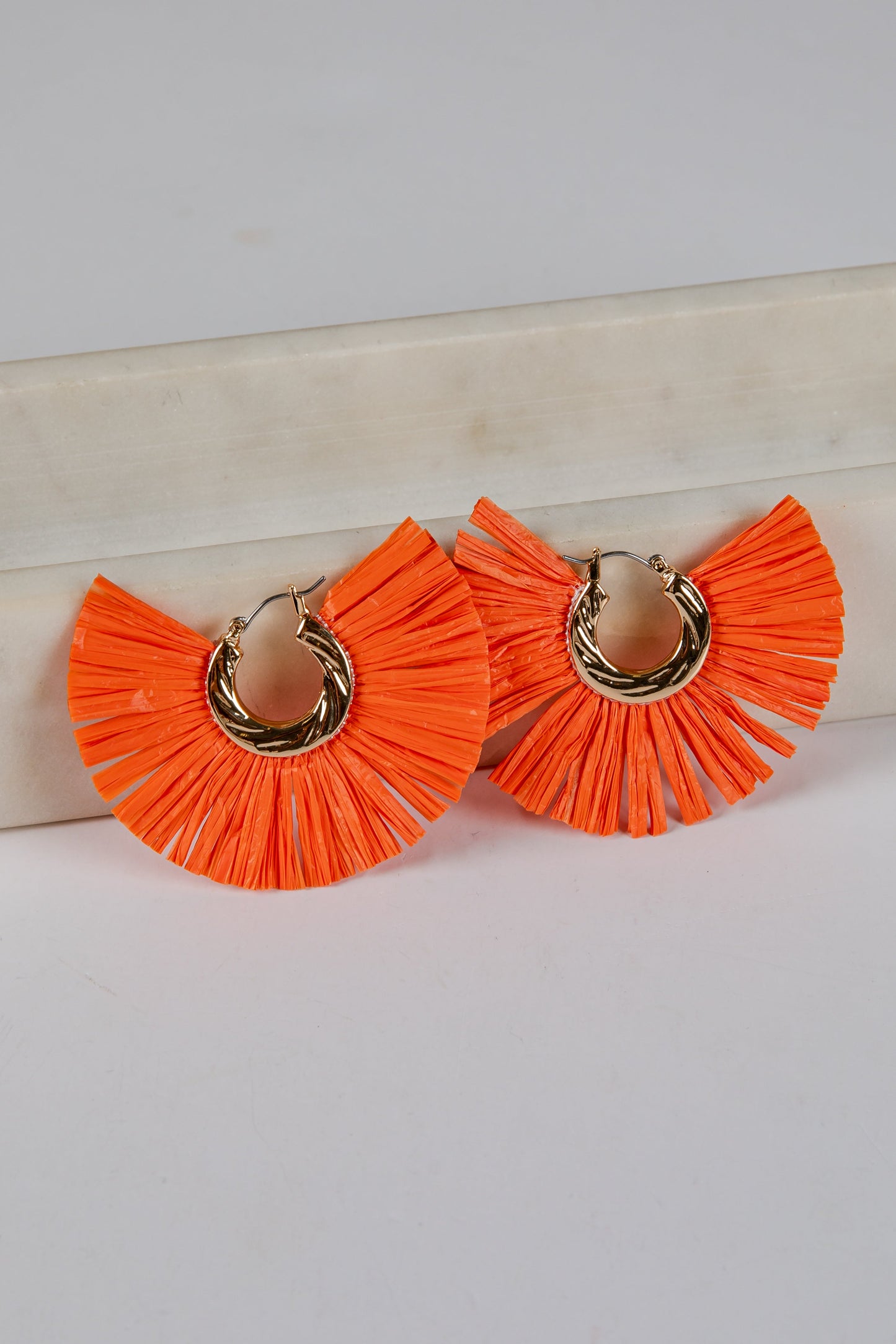 Lydia Orange Straw Fringe Hoop Earrings